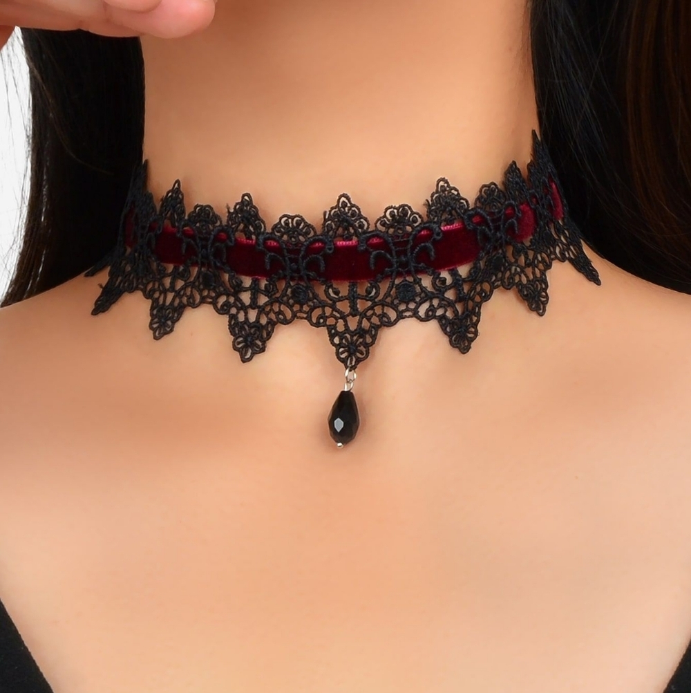 Sexy Elegant Black and Burgundy Red Lace Choker Necklace With Dangle Bead New